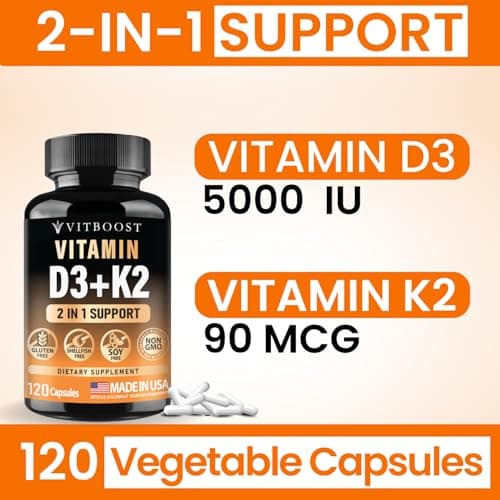 VITBOOST Vitamin D3 K2 Complex - Easy to Swallow - Vitamin D (D3) 5000 IU (125 mcg) & K2(MK-7) 90 mcg | Non-GMO | Gluten-Free | USA Made | 120 Capsules - Thumbnail 6