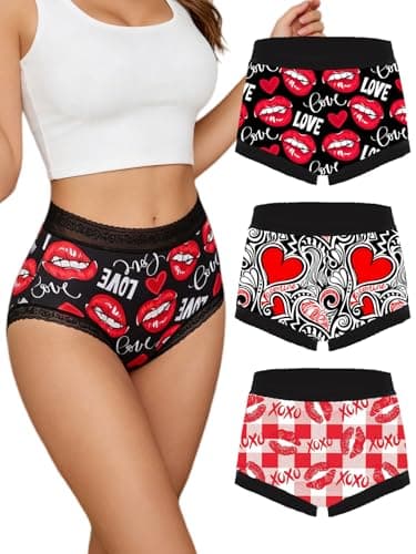 Dircho Women's Gothic Boy Short Panties, 3 Pack Heart & Lip Print Underwear, Romantic Stretchy Lace Trims Brief - Image 1