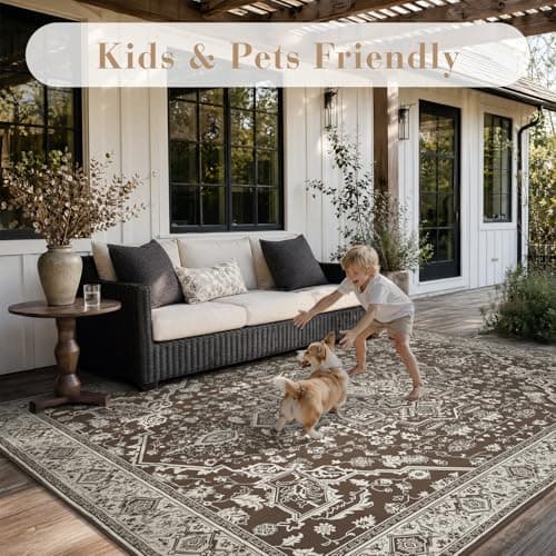 AMOAMI-Outdoor Rug-Patio Rug 5x8 ft Quick Dry Flatweave Textured Machine Washable Outdoor Carpet with Rubber Particles Backing Vintage Outdoor Area Rug for Patio Deck Front Porch Balcony Brown - Thumbnail 4