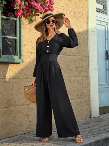 LOOKBOHO Long Sleeve Jumpsuits for Women 2026 Fall Dressy Casual V Neck High Waist One Piece Wide Leg Romper With Pockets Black X-Large - Thumbnail 4