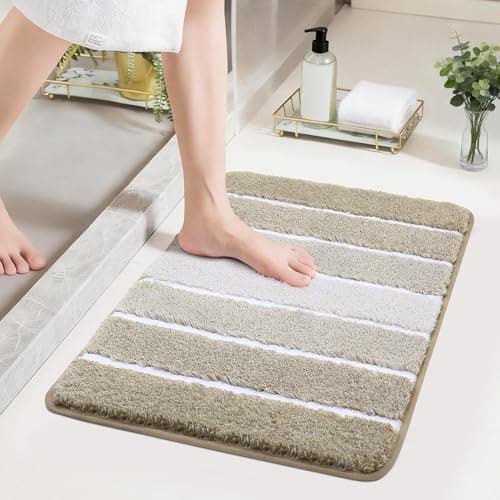 COSY HOMEER Bathroom Rugs 24 x 17, Ultra Soft Absorbent Bath Mat, Non-Slip TPR Backing Stays in Place, Machine Washable Shaggy Rug for Bathroom Floor, Beige & White - Image 1