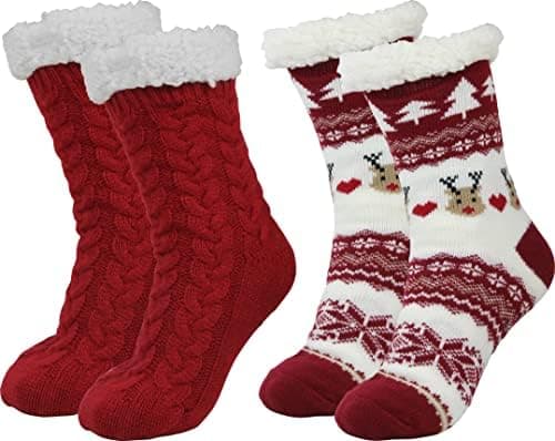 BenSorts Womens Christmas Slipper Socks with grippers Winter Warm House Indoor Fleece Lining Fuzzy Soft Sherpa House Cozy Socks Holiday Gift Christmas Red Red 2 Pairs - Image 1