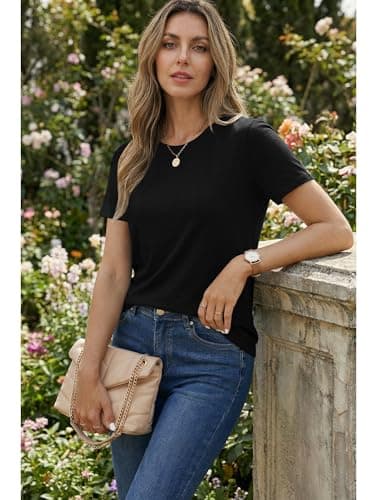 Women's T Shirt Cotton Short Sleeve T-Shirts Crewneck Basic Solid Color Tee Loose Fit Tshirts Breathable Comfy Summer Tops for Women 2026 Black - Thumbnail 6