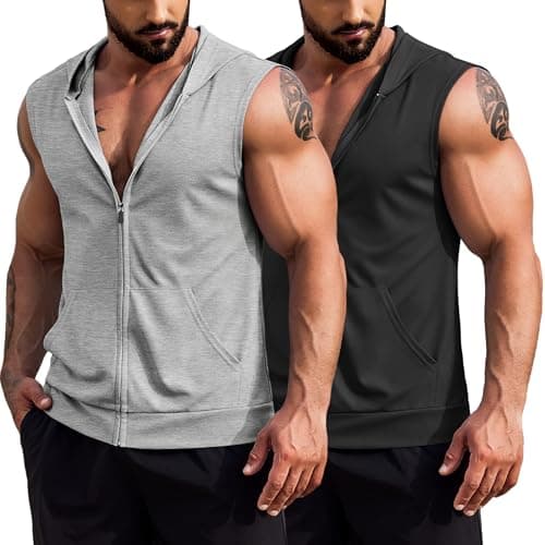 COOFANDY Gym Workout Shirts for Men Pack Cutoff Shirt with Hood Men's Tank Tops Summer 2 Pack Black and Light Grey X-Large - Image 1