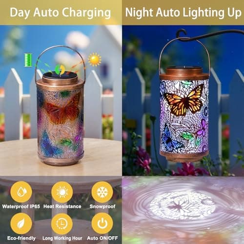 2Pack Solar Outdoor Lanterns Waterproof Butterfly Garden Gifts for Women, Multicolor Solar Outside Lights Lantern for Yard, Backyard, Porch, Mothers Day Gifts for Mom Grandma Wife - Thumbnail 5