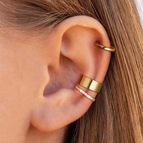 Moodear Chunky Ear Cuffs Non Piercing - Thin Dainty 14K Gold Plated Earrings - 3 Cute Cubic Zirconia Huggie Cartilage Hoop for Women Trendy Jewelry Gifts - Thumbnail 3