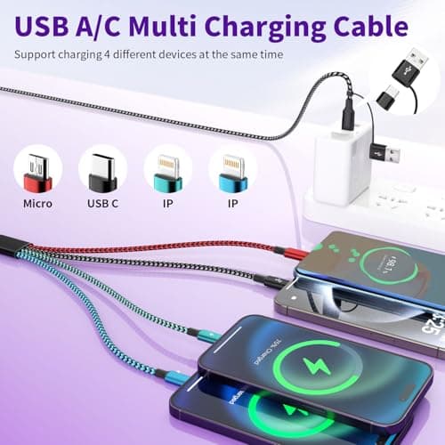 Travel 4 in 2 Multi Charging Cable, USB A/C Charging cords with Dual Lightning/Type-C/Micro USB, Universal iPhone Charger Cord for iPhone Series/Androids/Tablets, Multi Charger Cable (2Pack, 5FT) - Thumbnail 2