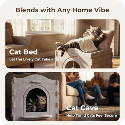 Apasiri Cat Bed Cave for Indoor Cats: New Felt Cat Bed with Fluffy Ball Hanging, Foldable Cat House with Scratch-Resistant Board, Hideaway Cat Cave for Timid Cats, Sturdy Two-Tier Cat Condo - Gray - Thumbnail 2