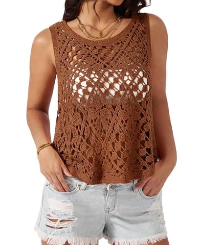 AceNest Floral Crochet Tops for Women Trendy Summer Boho Tops Sleeveless Tank Tops Loose Fit Crop Vacation Outfits 2026 Brown M - Image 1