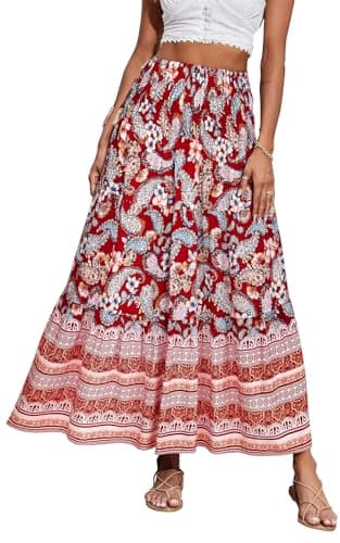 CFLONGE Womens Floral Print Boho Maxi Skirt for Women Midi Length Elastic High Waist Pleated Ruffle Flowy Long Skirts S-XXL(Wine Red,XX-Large) - Image 1