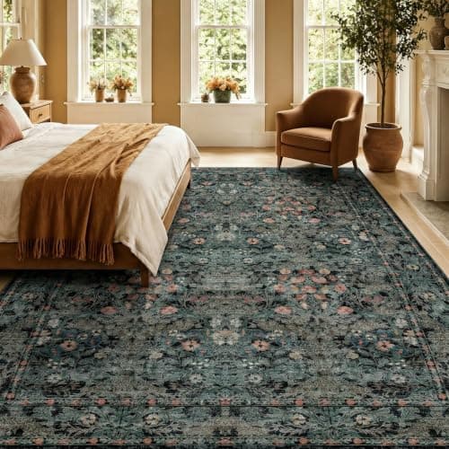 Boho Dark Green Floral Area Rug 8x10 for Living Room, Washable Farmhouse Moody Rug for Bedroom, Dining Room Under Table, Cottage Core Distressed Low Pile Non Slip Carpet, Soft Large Mat - Thumbnail 3