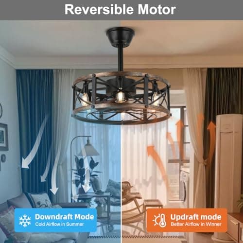 SHLUCE 19" Farmhouse Fandelier Ceiling Fan with Light, Caged Bladeless Ceiling Fans with Lights and Remote, Modern Small Enclosed Ceiling Fans with Lights for Living Room, Bedroom, Black - ETL - Thumbnail 4