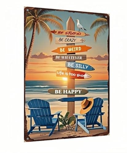 Carastora Tropical Beach Metal Sign – 8x12 Inch Retro Wall Decor with Surfboards and Palm Trees – Vintage Tin Sign for Patio, Porch, Bar, or Coastal Bathroom - Image 1