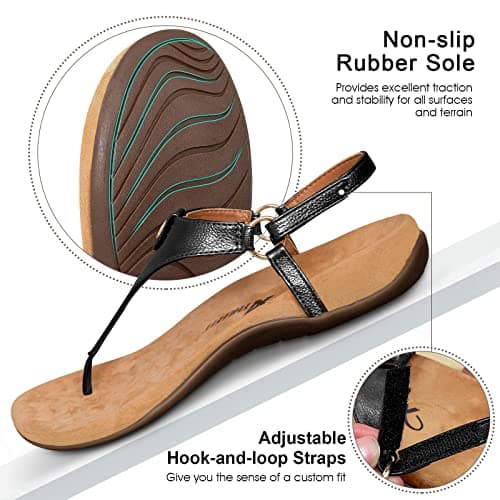Athlefit Women's Comfortable Orthopedic Sandals Thong Dressy T-Strap Orthotic Casual Summer Arch Support Black Sandals size 7.5 - Thumbnail 6