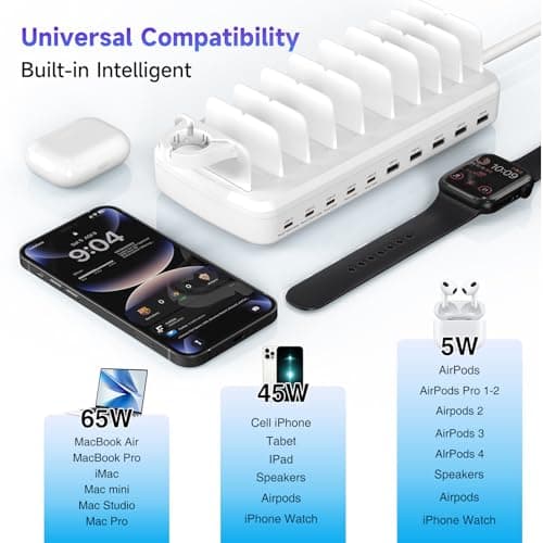 320W Charging Station for Multiple Devices, 10 Ports Fast Multi-Device Charger Organizer Compatible with MacBook Pro Laptop, iPhone, Android, Ipad, Tablet, Kindle, Family Multi-Device Charging Dock - Thumbnail 6