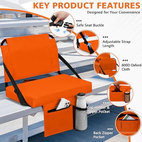 Besunbar Stadium Seats for Bleachers 2 Pack w/Back Support Bleacher Seat Soft Cushion Light Weight Includes Shoulder Strap & Cup Holder, Front & Back Zipper Pocket, Suitable for Sports Events,Orange - Thumbnail 6