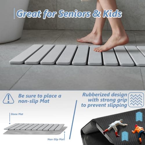 AWW Foldable Stone Bath Mat, Quick Dry Diatomaceous Earth Bath Mat with Non-Slip Mat, Super Absorbent, Easy to Clean, Compact for Small Bathrooms, 23.6 x 15.5, Light Grey - Thumbnail 3