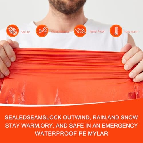 IVYWNT Emergency Sleeping Bag & LED Beanie Hat Set, Waterproof Thermal Mylar Bivy Sack, Portable Survival Gear for Hiking, Camping, Bug-Out Bags & Emergency Kits, Orange - Thumbnail 6