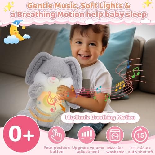 Breathing Stuffed Animal, Soothe Snuggle Bunny Plush, Sleep Buddy Soothing Stuffed Bunny for Anxiety Adults and Kids, Volume Control Easter Bunny Gifts with Realistic Breathing and Lights Music - Thumbnail 3