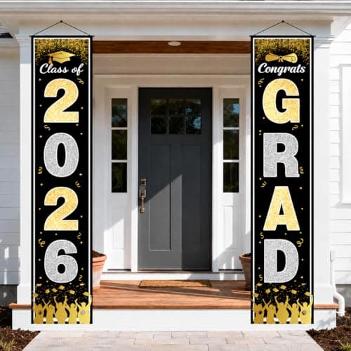 OHOME Graduation Decorations 2026 - Black Gold Congrats Grad Porch Banner for Graduation Party Decorations - Class of 2026 - Party Favors Supplies Backdrop Yard Signs Decor (Black) - Image 1