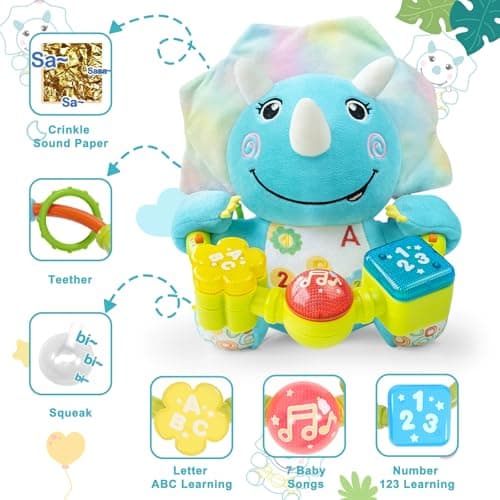 Holaxander Baby Dino Musical Stuffed Animals Toy with Light-Up Music & Crinkle Sound Paper,Infant Bilingual Early Learning Education Toys,Tummy Time Toys for 0-3-6-12+ Months Boy Girl - Thumbnail 2
