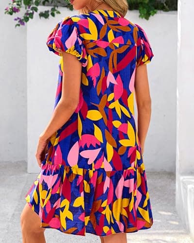 dowerme Womens Summer Dresses 2026 Puffy Sleeve V Neck Loose Floral Print A Line Boho Mini Babydoll Dress with Pockets(Blue Floral,X-Large) - Thumbnail 5