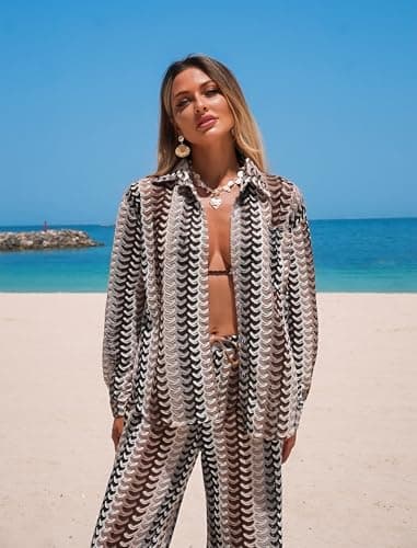 ZAFUL Womens Beach Cover Up Summer Lightweight Cardigans Crochet Boho Swimsuit Cover Up Long Sleeve Cardigans Beach Wear Brown L - Thumbnail 3