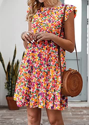 KIRUNDO Boho Dresses for Women 2026 Summer Casual Ruffle Sleeveless Floral Round Neck Loose Short Flowy Pleated Babydoll Dress Vacation Outfits, Floral3- White Orange, X-Large - Thumbnail 5