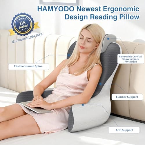 Reading Pillow for Sitting in Bed, 22”H Bed Rest Pillows with Arms, Back Pillows for Sitting Up, Ergonomic Lumbar Support Cushion for Reclining, Gaming, Work, Resting, Watching TV, (Grey&Darkgrey) - Thumbnail 2