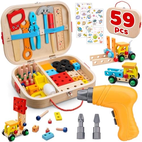 Kids Tool Set Toy for Boys - Educational Montessori Wooden Toddler Play Tool Box with Electric Drill - 59 Pcs STEM Construction Building Toys Christmas Birthday Gifts for 3 4 5 6 Year Old Boys Girls - Image 1