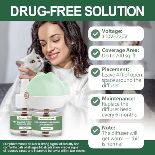 Cat Calming Diffuser Kit with 2 Plug-in & 4 Refills, Pheromone Diffuser for Cats Reducing Fighting, Scratching, Urine, Aggression, Anxiety, Fireworks, Vet Visits, Travel, 120 Day Supply, Safe Formula - Thumbnail 3