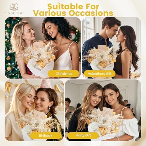 TINGE TIME Preserved Flowers Bouquet, Platinum Faux Rose Bouquets, Eternal Roses Bouquet for Wedding, Table Centerpieces, Mothers Day, Birthday Gifts, Anniversary, Graduation(White & Gold) - Thumbnail 3