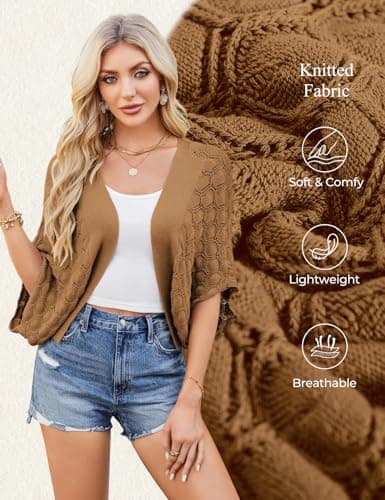 Lightweight Crochet Open Front Chunky Summer Cropped Cardigan Shrug Coffee L - Thumbnail 6