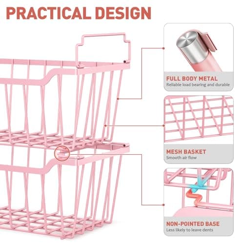 Goovilla Freezer Organizer Bins with Foldable Handle, 4 Pack Stackable Freezer Baskets for 3.5-7 Cu.FT Deep Chest Freezer Organization, Pink Metal Freezer Storage Bins with Better Space Utilization - Thumbnail 2