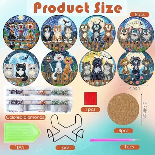 ijbnhd Cat Diamond Painting Coasters Kits, 8 Pieces Cat Diamond Art Coasters with Holder, DIY Art kit for Beginners 4X4inch (Cork Wooden Pad) - Thumbnail 3