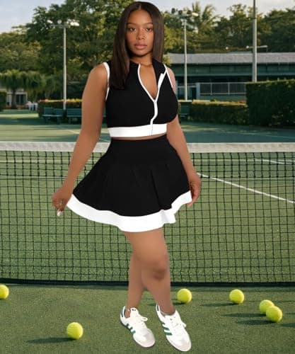 ABKY Tennis Outfits Golf Skirt Sets Women 2 Piece Outfit Zipper V Neck Crop Top and Pleated Mini Skirt Set Summer Tracksuits Black 2XL - Thumbnail 2