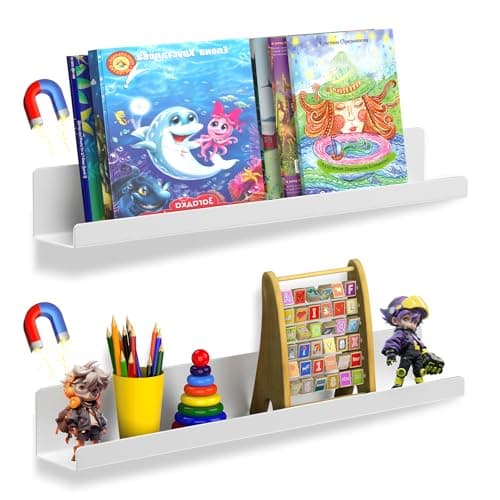 TJDUK 2 Pack Magnetic Book Shelf for Whiteboard, 17 Inch Heavy Duty Metal Magnetic Shelves, Holds 12 lbs, Magnetic Book Display for Classroom Furniture, Office - White - Image 1