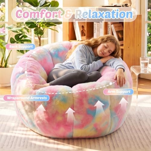 Cvortll Bean Bag Chair, Floral Shaped Beanbag, Faux Fur Adult Teen Kids Comfy Chair with Petal Armrest Chair, Bean Bag Couch for Bedroom, Living Room, Dorm, Game (Colorful) - Thumbnail 4