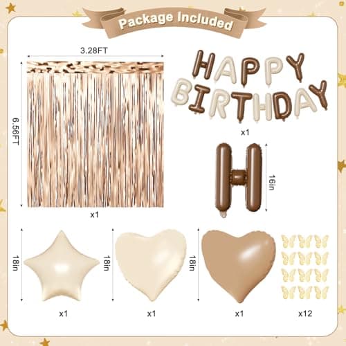 Brown Birthday Decorations, Brown Tan Beige Gold Foil Confetti Balloons Happy Birthday Banner Gold Butterfly Fringe Curtains Birthday Decorations for Women Girls - Thumbnail 3