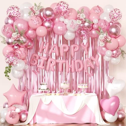Pink Birthday Decorations for Women Girls, Metallic Pink Pearl White Confetti Foil Balloons Happy Birthday Banner Butterfly Fringe Curtains for birthday Party Supplies - Image 1