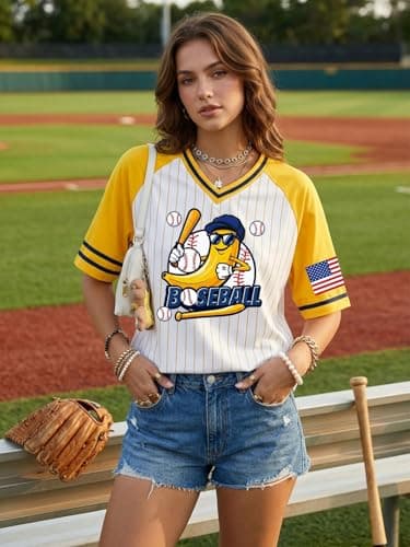 Baseball Jersey for Women Striped Baseball Shirts Funny Game Day Tshirt V Neck Fan Jersey Tee Tops - Thumbnail 2