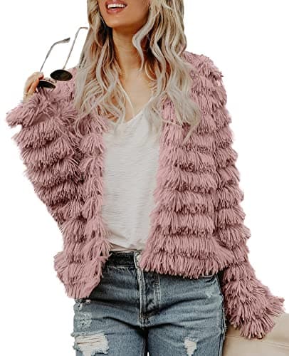 Inorin Womens Fall Open Front Cardigan Faux Fur Coat Vintage Parka Shaggy Jacket Warm Coat Tops (Pink, Small) - Image 1