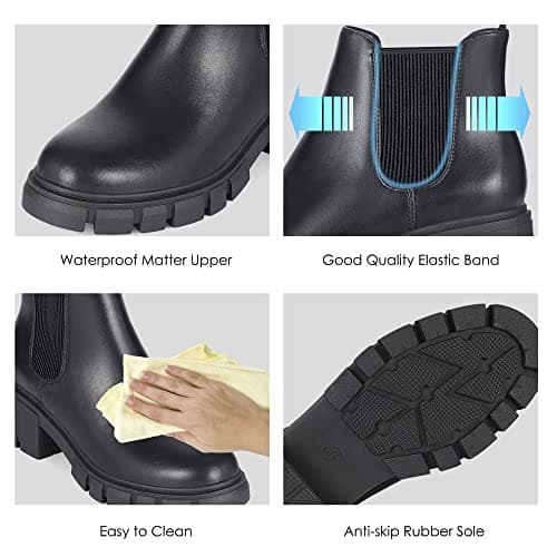 Athlefit Women's Chelsea Boots Fashion Lug Sole Chunky Heel Slip on Elastic Ankle Black Booties Size 9.5 - Thumbnail 4