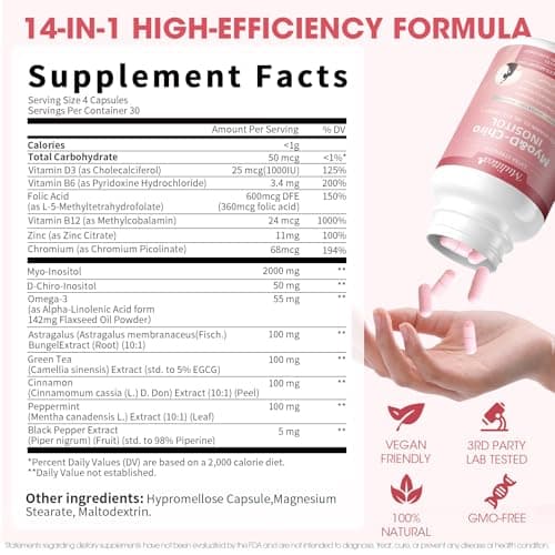 Mulittea Myo-Inositol & D-Chiro Supplement for Women - 14-in-1 Liposomal Inositol with Folic Acid,Omega-3 & Multivitamin for Hormone Balance,Support Ovarian,Skin & Mood- 40:1 Vegan 120 Capsules - Thumbnail 2