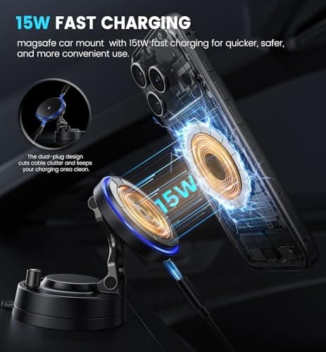 OANDYS for MagSafe Car Mount Charger, 15W Fast Wireless Charging Magnetic Car Phone Holder, 360°Rotatable & Foldable Metal Stand, Strong N52 Magnet for iPhone 17–12 Series & Mag Safe Case - Thumbnail 2