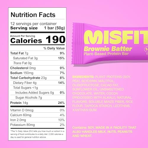 Misfits Vegan Protein Bars - Fudgey Brownie Batter| Nutrition Bars - 14g Protein, 1g Sugar, Plant-based, Low Carb, Non-GMO, Gluten Free Snacks | Pack of 12 - Thumbnail 2