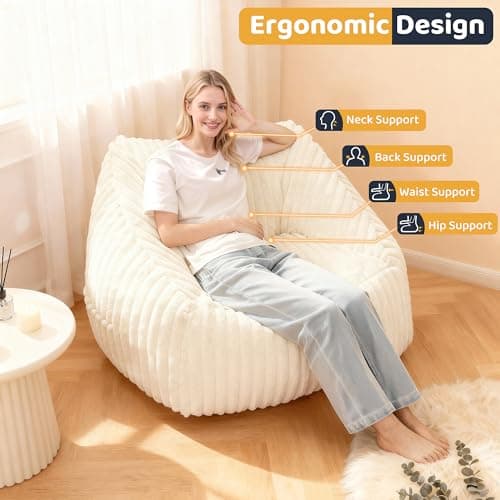 HABUTWAY Bean Bag Chair, Giant Bean Bag Chairs for Adults and Kids, Bean Bag Sofa, Lazy Floor Sofa, Faux Fur Beanbag Chair with Armrests for Living Room Bedroom (Beige) - Thumbnail 4