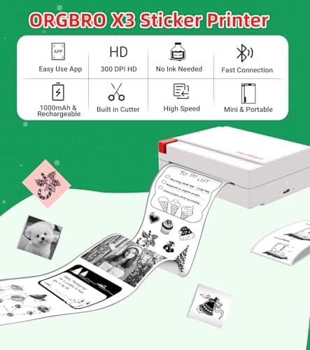 ORGBRO Sticker Printer Machine, X3 Mini Printer Print Pods Portable Thermal Inkless Sticker Maker, 2-3 Inch 300 DPI Bluetooth Pocket Printers for Smartphones, Notes, Journal, Photos, DIY, Kids Gift - Thumbnail 2