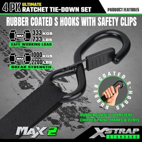 XSTRAP STANDARD 4PK Motorcycle Tie Down Straps - 1" x 15ft, 2,200lb Break Strength, Soft Loop Straps with Safety Lock S Hooks, Black Loops & Stickers, for Moving, Trucks, Cargo, Lawn Equipment, Black - Thumbnail 5