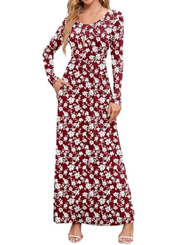 DEARCASE Maxi Dress for Women Floral Wine Red White Little Flower Large Round Neck Boho Long Sleeves A-line Casual Hawaiian Empire Waist Flowy Party Vintage Spring Fall Winter Dresses with Pocket